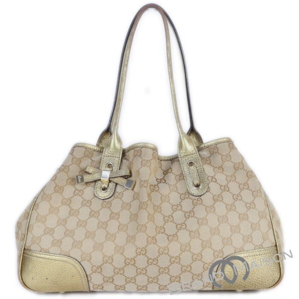 Gucci GG Canvas Princy Tote beige metallic gold bow